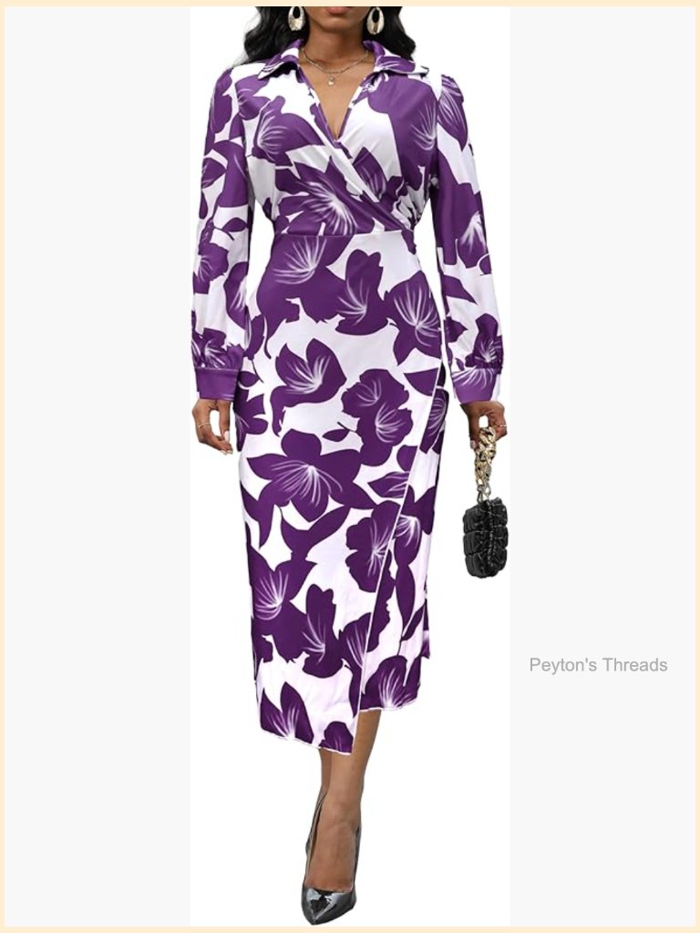 Elegant A-Line Midi Dress With Tie Waist Floral Print Long Sleeve